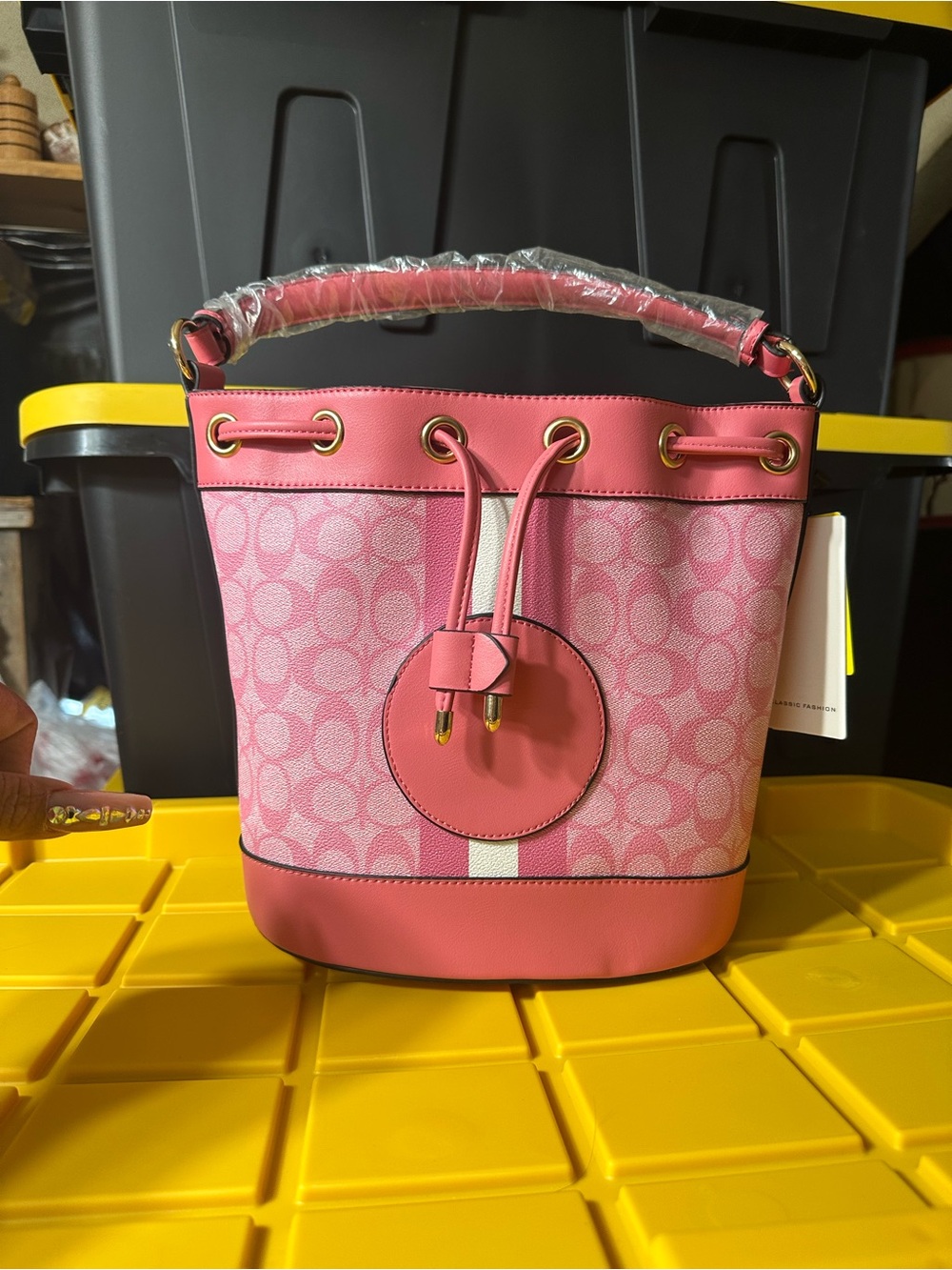 Signature Pink Bucket Shoulder Bag with Drawstring & Matching Wallet